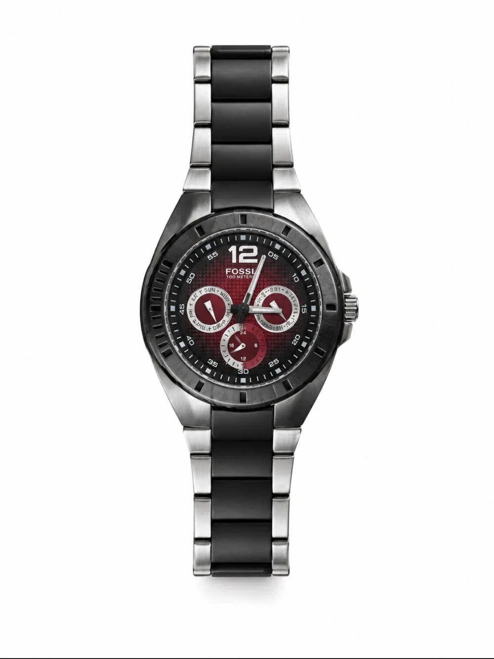 Fossil Blue BQ-9284 Red Dial Two-Tone Stainless Steel Watch 100M Water Resistant